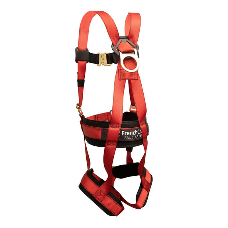 The French Creek Production 872 Full Body Harness for Women features a red design with black SuperNit padding, adjustable straps, SuperKwik buckles, and a large chest D-ring for fall protection.