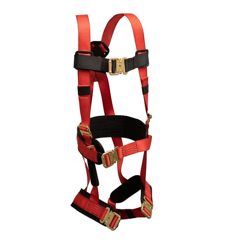 The French Creek Full Body Harness for Women 872 by French Creek Production features red/black design, SuperNit padding, adjustable shoulder straps, metal buckles, and secure fit at shoulders, chest, waist & thighs—ideal fall protection for construction or industrial work.