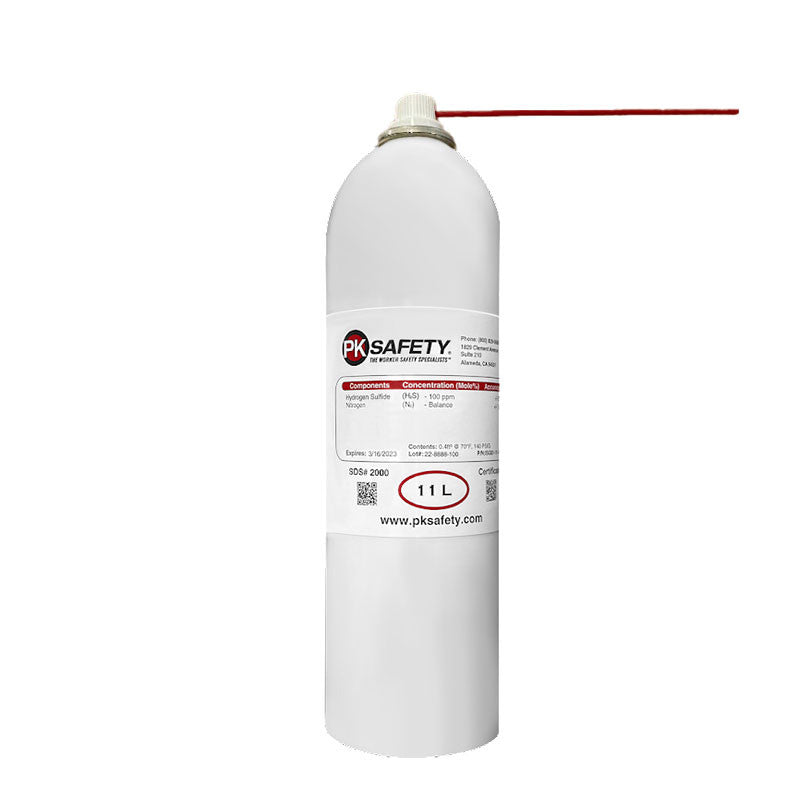 Image of a white cylindrical aerosol can featuring a red nozzle tube. The label displays "Intermountain Specialty Gases" and provides details about the product, including a volume of 11 liters. Designed for safely storing test gas, this can is ideal for applications requiring precision and reliability, specifically the PK Safety H2S Bump Alarm Test Gas.