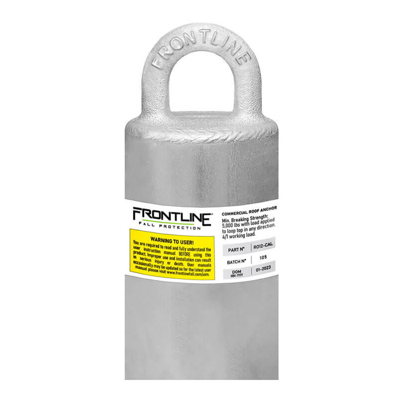 The Frontline Commercial Roof Anchor CAL-OSHA Compliant by Frontline Fall Protection is a silver metal roof anchor with an integrated lifting ring and yellow warning label, designed for commercial roof safety and fall arrest.