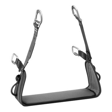 The Petzl Seat for VOLT Harnesses C072EA00 features a black and gray padded foot loop with adjustable straps and metal carabiner clips at each end, specifically designed for climbing or ascending activities. Compatible with VOLT Harnesses, its sturdy straps are perfect for prolonged suspension, offering a durable texture.