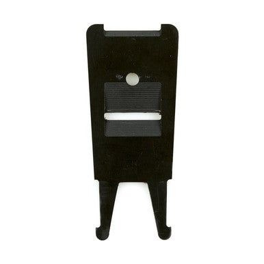 The BW Hard Hat Clip GA-HC-1 by PK Safety Supply is a black, flat tool that includes a rectangular top with a circular hole and horizontal slot. It features two prongs at the bottom and has a textured surface, designed as a hands-free accessory for secure functionality.