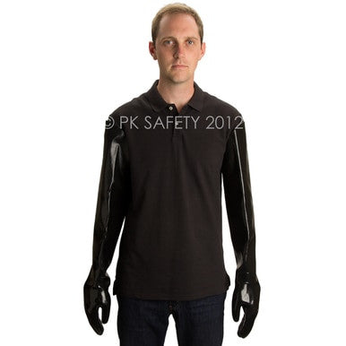 A man wearing a long-sleeve black shirt stands against a white background. He is wearing shoulder-length MCR Safety Memphis Black Jack Shoulder Length Gloves 6950 that cover his arms entirely.