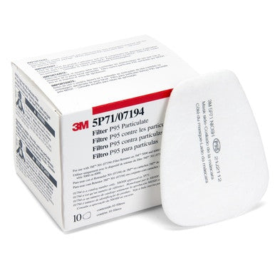 A package branded "3M 5P71 Prefilter" features P95 particulate filters, perfect for use with respirators and dust masks. The filters are white and oval-shaped, displayed stylishly in the box. The box is white with red and blue text, containing 10 premium filters.