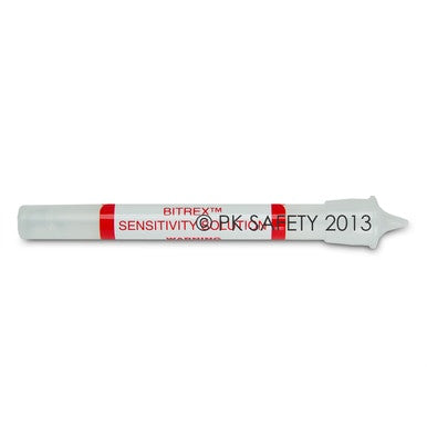 The Allegro Bitrex Respirator Fit Test Kit 2041 by Allegro, a clear plastic tube with red bands and a star cap for OSHA-compliant N95 fit testing, lies on a white background.
