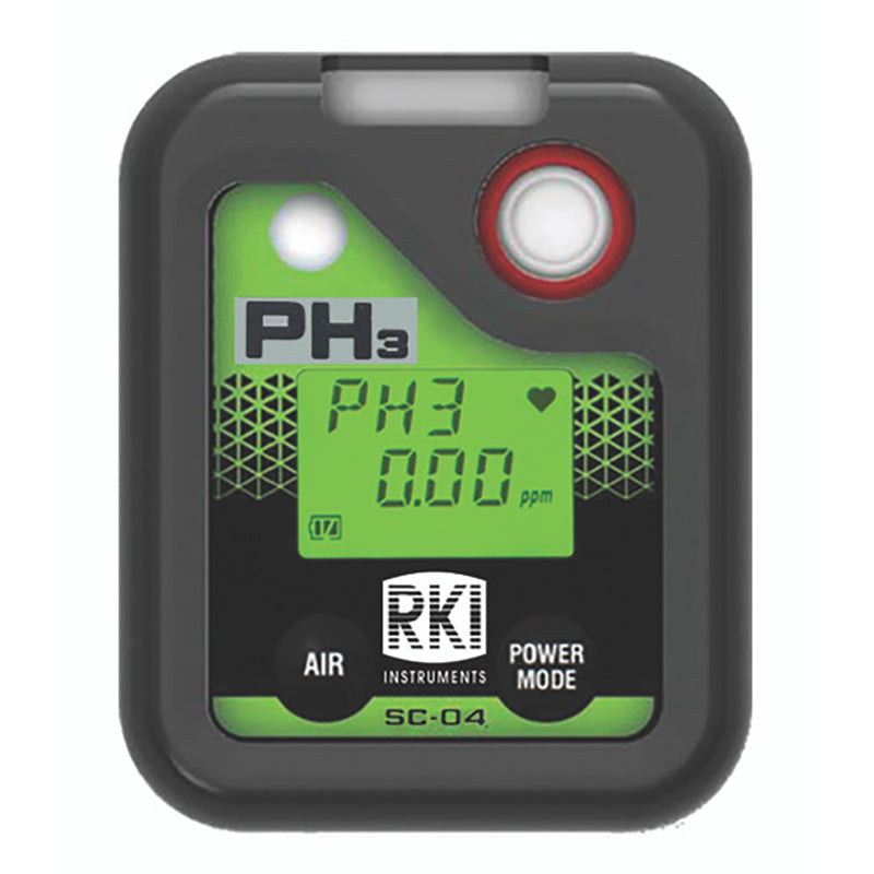 An RKI Instruments SC-04 Series PH3 single gas monitor (model 73-0079) displays "0.00 ppm" on its screen. The device, featuring a black exterior with a green interface, includes buttons labeled "Air" and "Power Mode." This personal toxic gas monitor is IP-67 rated for superior protection.