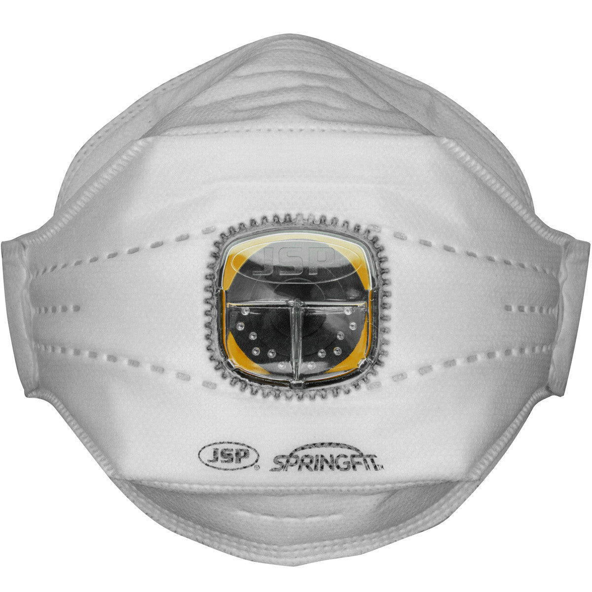 A white PIP Springfit N95 respirator, featuring a central valve, is displayed. The mask includes stitched seams and branding near the bottom edge, providing respiratory protection and a secure fit.