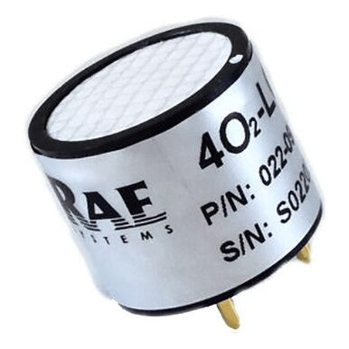 The cylindrical RAE Systems O2 Oxygen sensor (P/N: 022-0902-000) features a metal casing, mesh top, and gold pins. Compatible with QRAE 3, its part numbers are "P/N: 022-004" and "S/N: S0220", and it is integral to RAE Systems' advanced safety solutions.