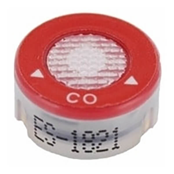 The RKI Carbon Monoxide Replacement Sensor ES-1821 by PK Safety Supply is a small, round sensor designed to fit the GX-2009 multi-gas detector. It features a red top labeled "CO" with a mesh center and white arrows, and "ES-1821" printed in black on the side.