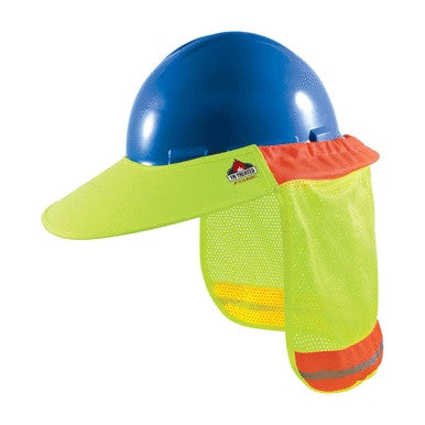 The PIP FR Treated Hard Hat Visor 396-801FR-YEL features a flame-resistant yellow sunshield with reflective orange and yellow stripes, covering the sides and back for enhanced neck protection. It is designed to fit blue hard hats and enhances visibility.