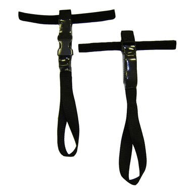 A pair of black archery string slings with Velcro straps and plastic grips, designed in a T-shape with a loop at one end for securing onto a bow, offer stability similar to the French Creek U-STEP Suspension Trauma Straps (Pair) by PK Safety Supply for enhanced safety and control.