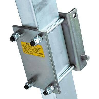 Zoom in on the 3M Fall Protection's DBI-SALA Tripod Winch Mounting Base 8005048, showcasing its innovative design excellence. This metallic clamp system is securely attached to a square post and features four bolts along with a yellow warning label, ensuring strong support for confined space applications or industrial use.