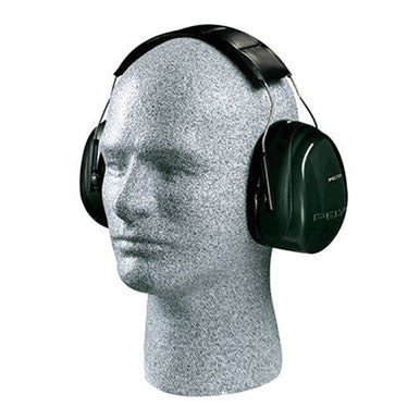 A gray mannequin head showcases sizable, black over-ear headphones crafted for hearing protection. Inspired by the 3M Peltor H7A Hearing Protection Muff, these stylish headphones are ideal for industrial or heavy-duty settings and deliver the reliable performance associated with Optime 101.