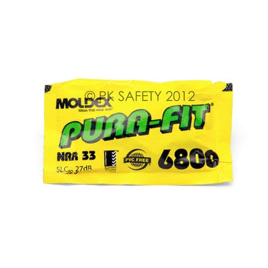 Image featuring a close-up of a yellow Moldex Pura-Fit 6800 foam earplugs package. The packaging emphasizes its noise reduction capabilities, boasting an NRR of 33 and an SLC of 37 dB, while also being PVC-free. Connected to "PK Safety 2012.