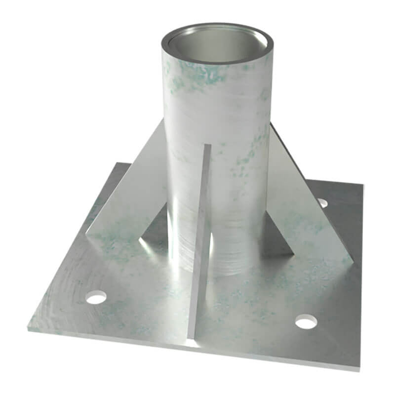 The French Creek Production Floor Mount Sleeve Davit Base PD7 features a metal base plate with a central cylindrical tube, angled support brackets, and four corner mounting holes—ideal for confined space rescue and descent systems.