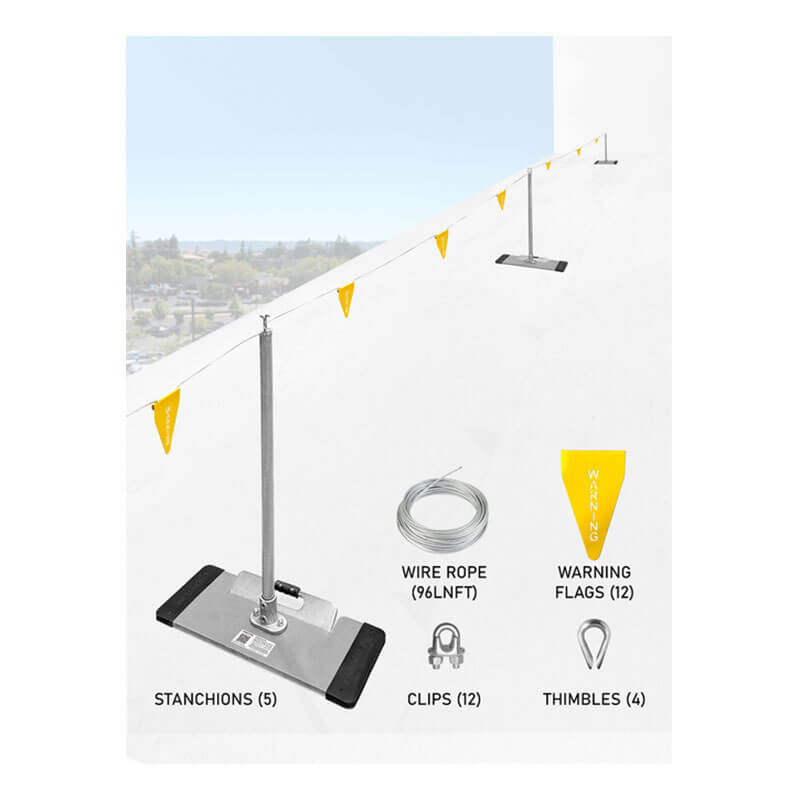 The Frontline Warning Line System with Base and Handle by Frontline Fall Protection features yellow warning flags on galvanized steel wire rope with five stanchions, labeled parts, and is ideal for marking fall hazards on job sites.