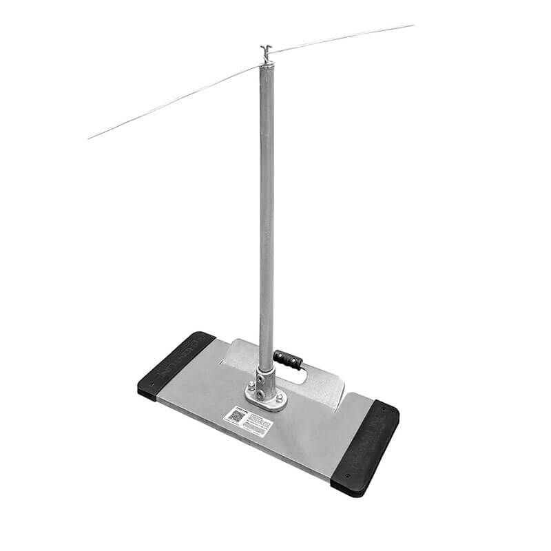 The Frontline Warning Line System with Base and Handle by Frontline Fall Protection features a hot dip galvanized steel base with rubber edges to support a vertical pole and horizontal wire, providing temporary rooftop fall hazard protection.