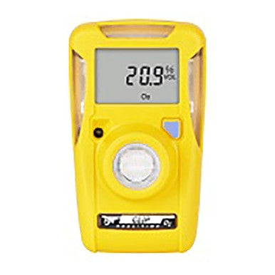 The BW Clip Real Time 2 Year O2 Detector, model BWC2R-X by BW Technologies, displays "20.9" and "O₂" in real time on a yellow digital display. It features a round sensor and has two buttons beneath the screen, suitable for monitoring 19.5-23.5 percent oxygen volume.