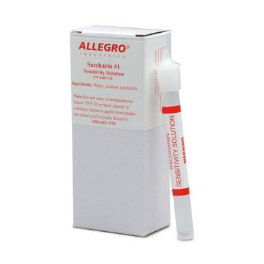 A white bottle labeled "Allegro Saccharin Sensitivity Replacement Solution 2040-11K" stands next to a box with similar labeling, making it ideal for fit tests. The box highlights storage instructions and a contact number. The bottle features a red and white color scheme, consistent with the Allegro brand.