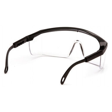 The Pyramex Integra Safety Glasses, by Pyramex Safety, have wraparound lenses for full protection, adjustable temples for a secure fit, black frames on a white background, and provide ANSI Z87.1 compliance with UV protection, ensuring safety and comfort across various environments.