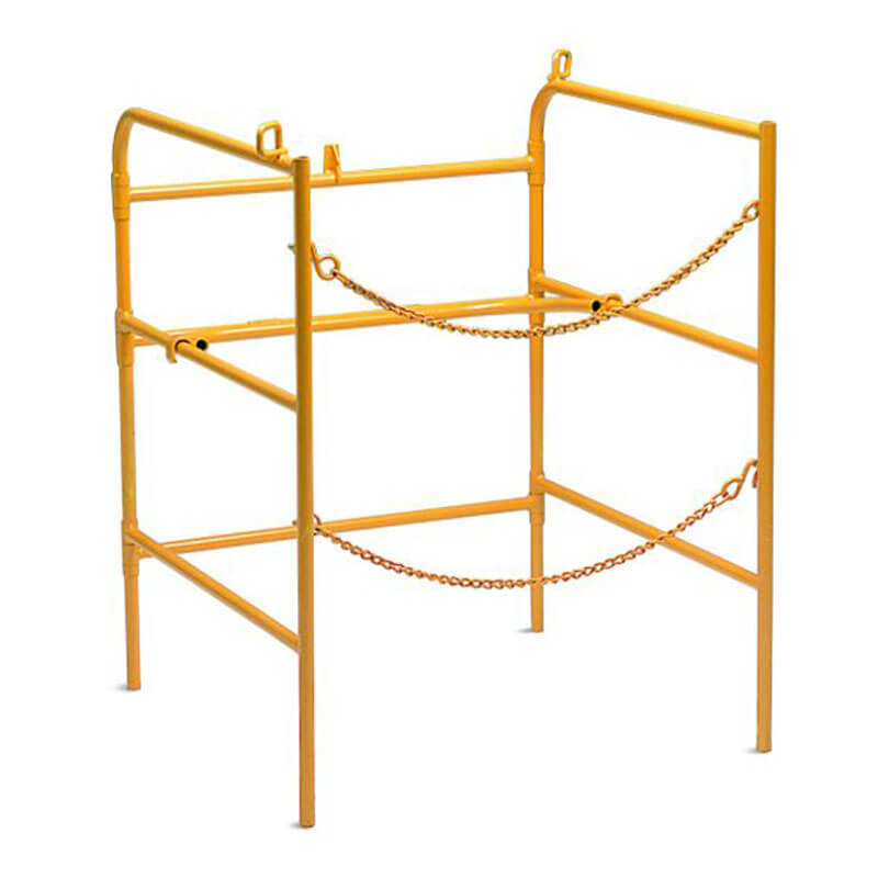 The Allegro Easy Store Steel Manhole Guard Rail, 9401, from PK Safety Supply is a safety yellow metal cage featuring four vertical bars and horizontal chains. It provides ideal protection around machinery or equipment by offering a secure solution that combines high visibility with robust safety measures.