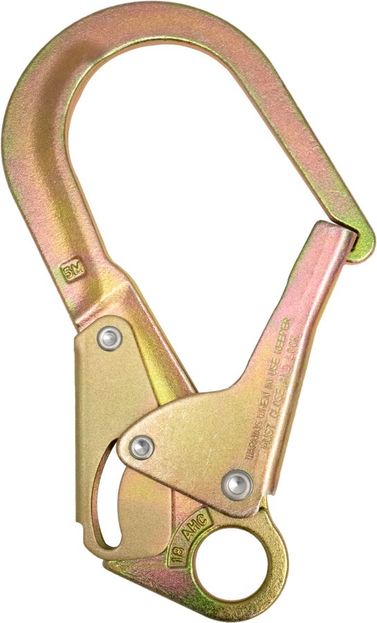 The French Creek Production Steel Locking Rebar Snaphook Z136 is gold-colored, features a spring-loaded gate and safety latch, and meets ANSI Z359 standards for fall protection in climbing or industrial environments.