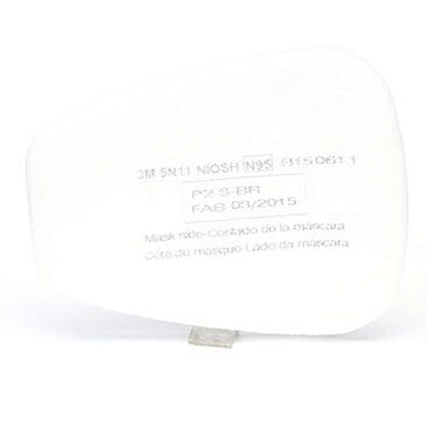 A single 3M 5N11 Prefilter N95 filter by 3M, rectangular with rounded edges, stands upright on a clear stand against a white background. Faint NIOSH-approved marking is visible on the prefilter.