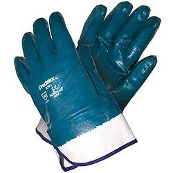 A pair of MCR Memphis 9761 Predator Nitrile Dipped Cuff Gloves, featuring a teal design with white cuffs and printed text on the back of one glove. These gloves from MCR Safety provide puncture protection and have a glossy finish.
