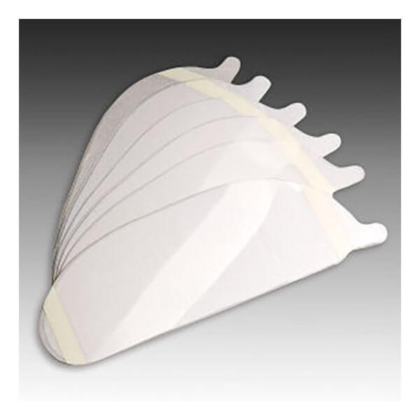A pack of 25 Allegro Full-Face SAR Mask Lens Protectors (9901-25) features white, rounded-end shields with tab extensions—perfect accessories for Allegro full-face respirators.