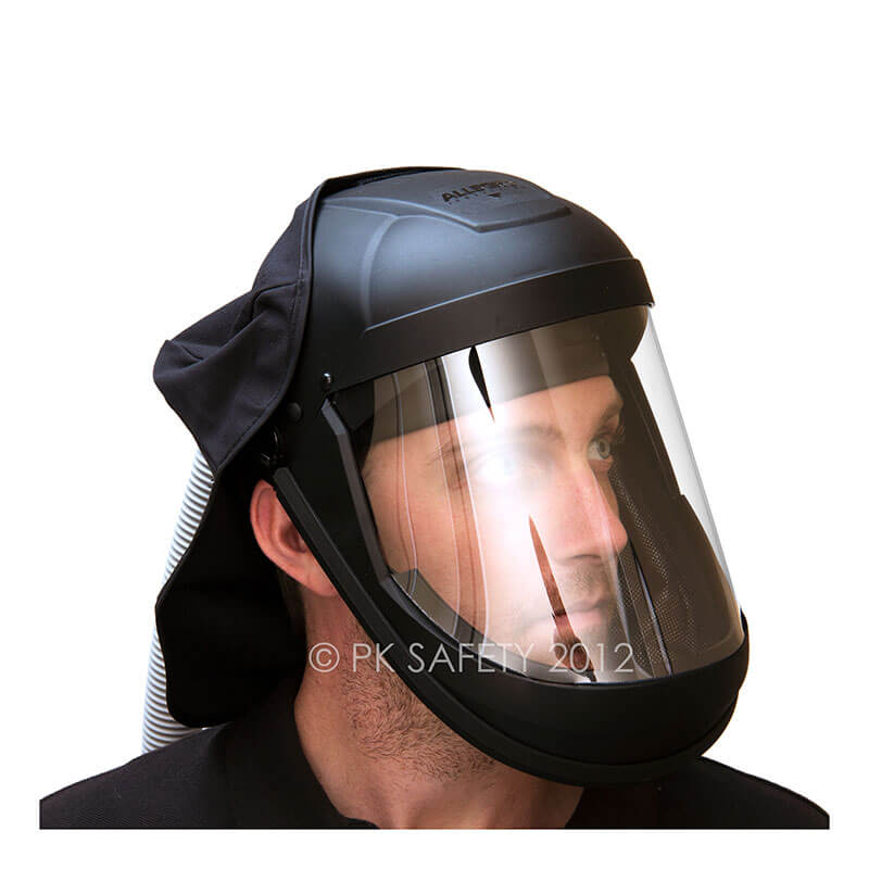 An individual is wearing an Allegro Economy Supplied Air Face Shield with Low Pressure Adapter from PK Safety Supply. The black protective hood covers their head and neck, while the NIOSH-approved respirator's clear face shield provides full coverage down to the chin as they look to the side.