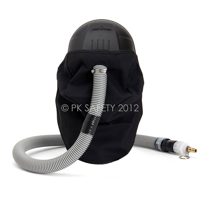 The Allegro Economy Supplied Air Face Shield with Low Pressure Adapter by Allegro is shown upright on a white background, featuring a black fabric hood, gray flexible hose, and quick-connect fitting.