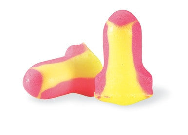 Two vibrant Howard Leight LL-1-D Laser Lite Earplugs by Honeywell Safety, in striking pink and yellow, are arranged on a white background for an eye-catching display. One earplug stands upright while the other lays flat, highlighting their excellent NRR 32 rating for superior ear protection.