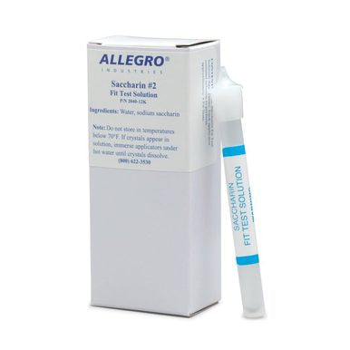 A white box labeled "Allegro Saccharin Test Solution 2040-12K" sits beside a blue-labeled tube, both by Allegro, designed for respiratory fit testing—perfect as a saccharin solution or a replacement pack for fit test applicators.