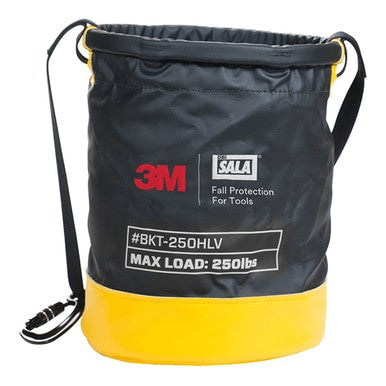 The Python Safety Vinyl Safe Bucket with Drawstring, featuring the 3M Fall Protection brand and Sala logos, is a black and yellow tool bag made of durable vinyl. It is labeled as "#BKT-250HLV" and is designed to hold a maximum load of 250 lbs. This Safe Bucket includes a strap, has tool tethering capability, and features a drawstring closure at the top.