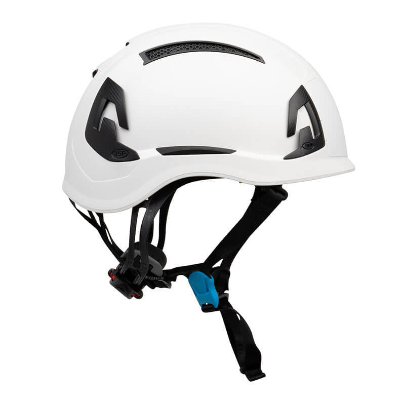 The PIP EVO ALTA Ascend Type II Vented Helmet by Protective Industrial Products is designed for construction or industrial use. It features a white ABS shell, black adjustable straps, and ventilation slots on top. The helmet also includes black accents on the sides, a blue adjustment knob at the back, and an EPP foam impact liner for enhanced protection.