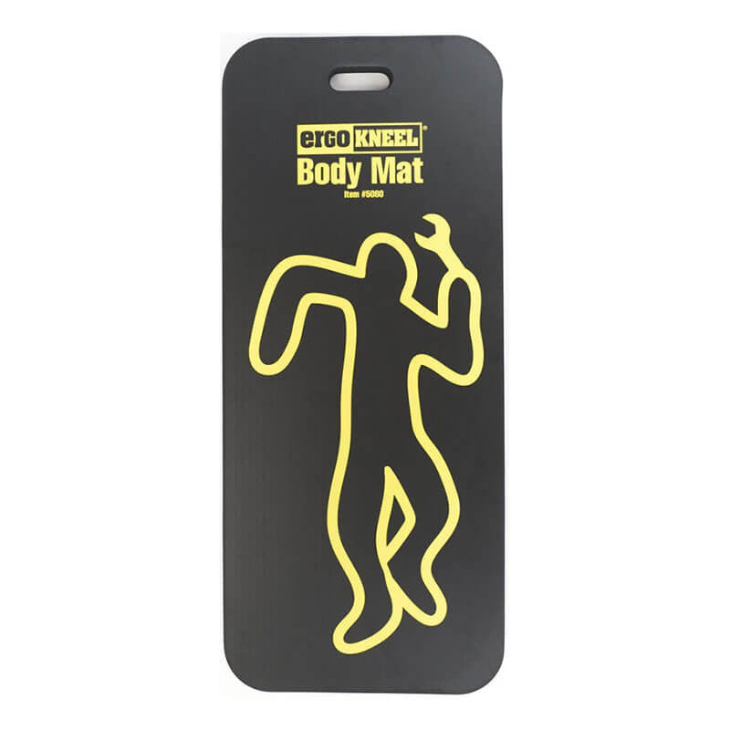 The Working Concepts ErgoKneel Body Mat 5080 is a black standing/kneeling mat by Working Concepts that features a yellow outline of a human figure. Constructed from heavy-duty foam rubber, it also includes a convenient cutout handle at the top for easy portability.
