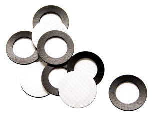 Circular filters that look like the BW Replacement Sensor Screens with Gasket (10/Pack) GAXT-SS from PK Safety Supply are scattered on a white background, each having a hole in the center.