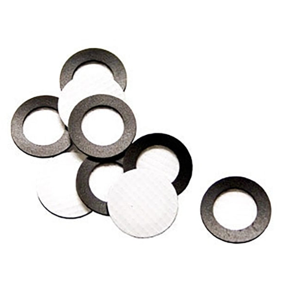 Circular filters that look like the BW Replacement Sensor Screens with Gasket (10/Pack) GAXT-SS from PK Safety Supply are scattered on a white background, each having a hole in the center.