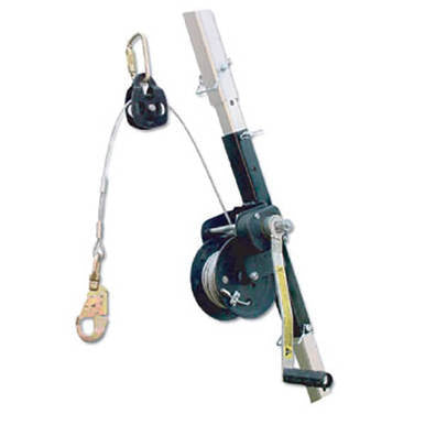 The French Creek 50ft Galvanized Winch MW50G from PK Safety Supply includes a pulley system with a metal lever, cable, and carabiner. This winch features a crank handle on a mounted base, designed for heavy lifting or anchoring tasks in industrial or construction environments.
