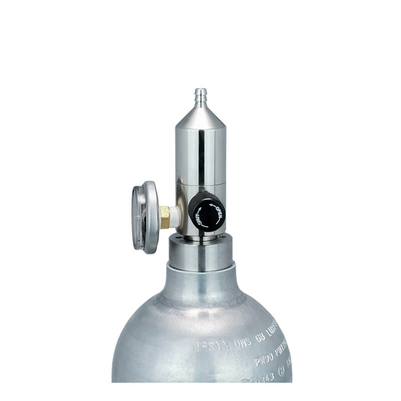 A close-up of the WatchGas Fixed Flow Regulator Brass 0.5 LPM by WatchGas, featuring a pressure gauge and regulator valve on top, set against a white background.