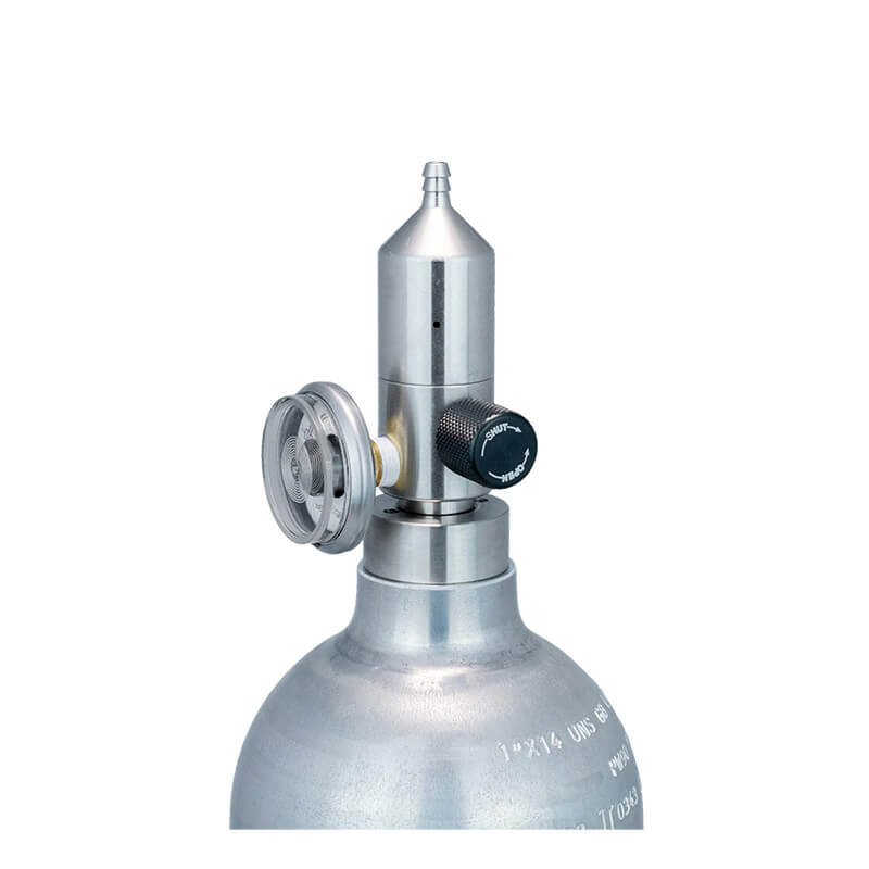 A close-up of a WatchGas Fixed Flow Regulator Brass 0.5 LPM attached to a metal gas cylinder with a valve, isolated on a white background.