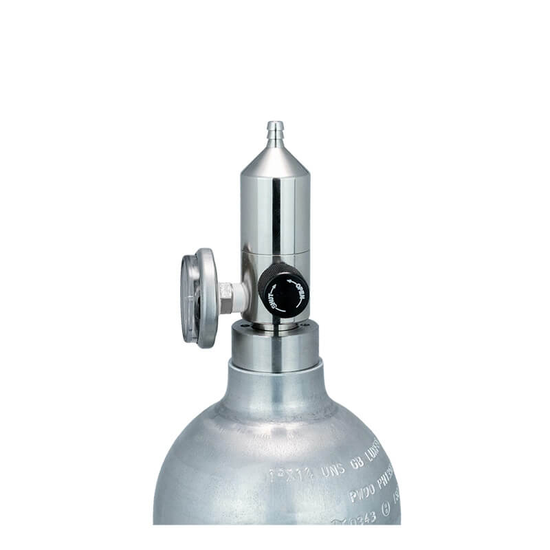 A close-up of the WatchGas Fixed Flow Regulator Stainless Steel 0.5 LPM by WatchGas, featuring a stainless steel gas cylinder with an attached pressure gauge and fixed flow regulator nozzle, set against a white background to ensure precise gas flow accuracy.