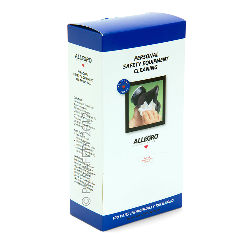 Allegro 3001 Alcohol-Free Respirator Cleaning Wipes by Allegro come in a blue and white box with an image of a hand cleaning safety goggles. Includes 100 individually packaged, alcohol-free wipes for easy, convenient use.