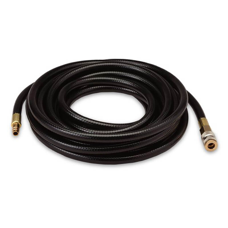 The Allegro Low Pressure Breathing Air Hose 9100, featuring brass fittings on each end, is shown against a plain white background. This black hydraulic hose is neatly coiled in a circular pattern, emphasizing its vital role in providing safety support for airline respirators.