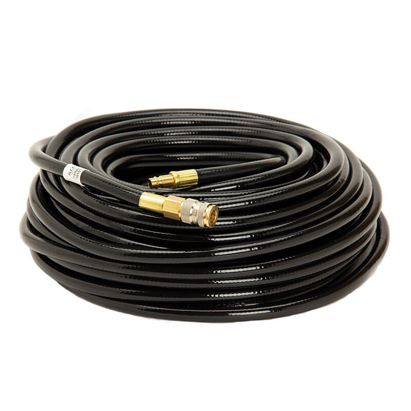 Neatly placed on a white background, the Allegro Low Pressure Breathing Air Hose 9100 features brass connectors on both ends and is an ideal piece of safety equipment for various applications.
