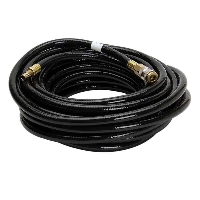The Allegro Low Pressure Breathing Air Hose 9100 is neatly arranged, highlighting its glossy black finish and featuring brass connectors on each end. Ideal as a breathing air hose, it enhances safety for various utility uses while complementing airline respirators.