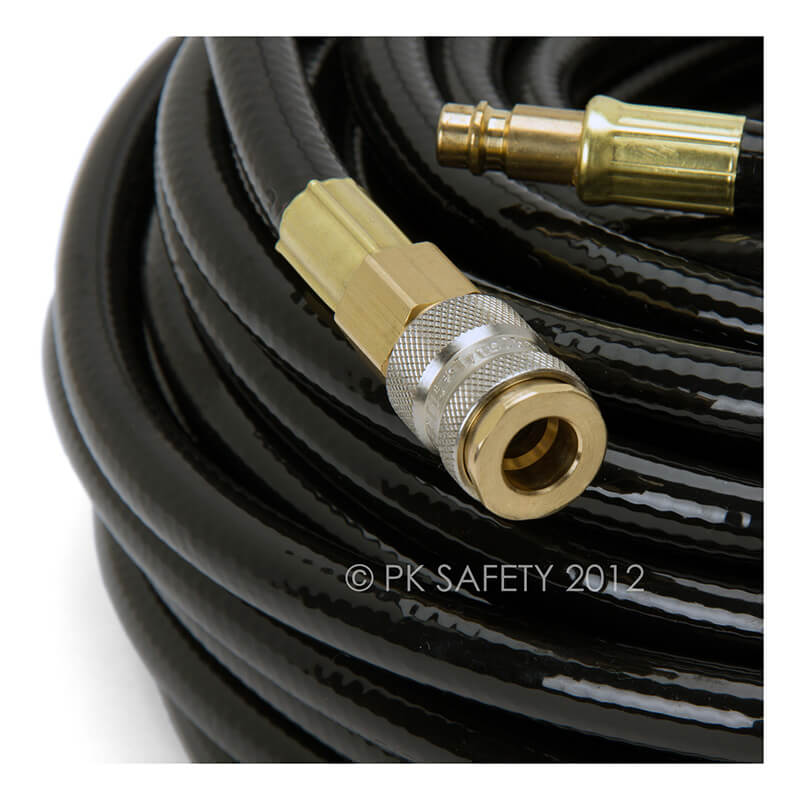 The image presents a close-up of an Allegro Low Pressure Breathing Air Hose 9100 with brass connectors. It highlights the detailed fittings on this essential safety equipment suitable for both industrial and home applications. The text "© PK Safety 2012" is visible on the hose.
