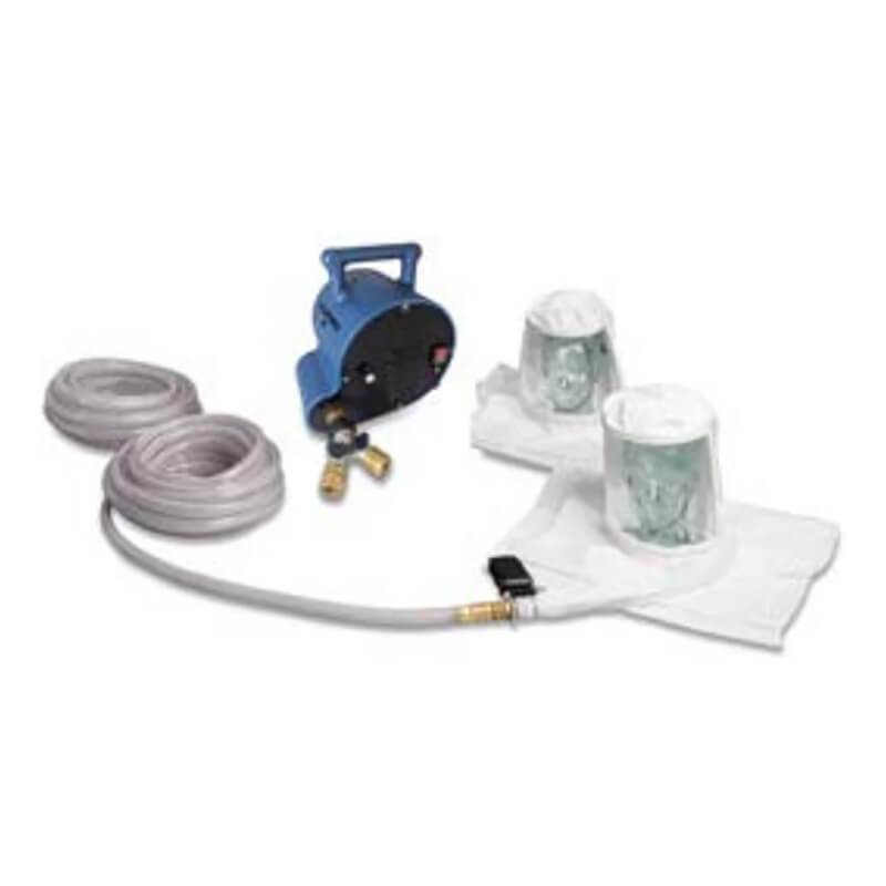 The image features the Allegro Worker Double Bib Hood Cool Air System, a setup that includes a blue vacuum pump, clear tubing, and two milking cups with liners set against a white background. This efficient system mirrors the precision associated with Allegro’s products, ensuring optimal performance and safety akin to NIOSH-approved respirators.