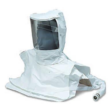 The Allegro Worker Double Bib Hood Cool Air System is a NIOSH-approved respirator featuring a white protective hood with a clear face shield and an attached hose, designed for use in hazardous environments.