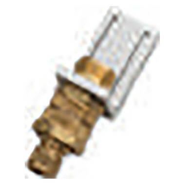 A close-up image showcases a brass gas valve featuring a silver metal handle, NIOSH-approved for safety. The slightly angled valve reveals its threaded end and the ridged handle designed for grip. In the background, an Allegro Worker Double Bib Hood Cool Air System respirator is present, standing out clearly against a blurred white backdrop.